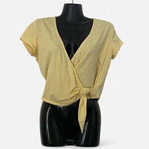 Elegant Yellow Tie-Front Wrap around Blouse Top